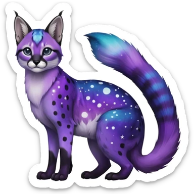 Colorful black-violet-indigo-purple-gradients nebulae nebula starry galactical shiny white-stars-spotted glorious iridescent divine exotic cute cool beautiful realistic caracal-civet-genet-sergal-vernid-Cacomistle-oncilla-animal-Fakémon-hybrid-fursona (full body) sticker