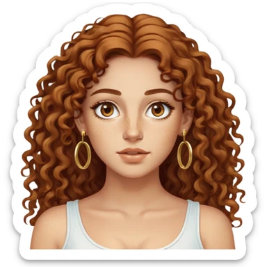 Attractive Greek woman with a wide face, freckles, long curly amber-brown hair and gold hoop earrings sticker