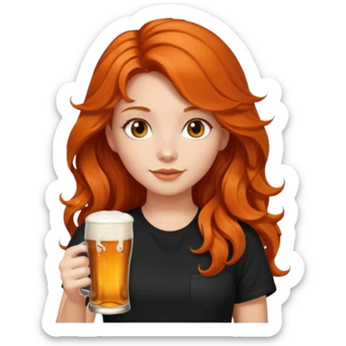 Girl with dark long orange wavy hair and black t-shirt with beer on hand sticker