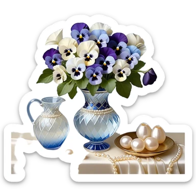 A carefully arranged still life featuring a crystal vase filled with an enchanting mix of soft blue and creamy white pansies, their petals unfolding like miniature works of art. A string of pearls is casually draped beside the vase, reflecting a subtle iridescence under candlelight. The backdrop is a hand-painted silk fabric in gentle shades of pearl and ivory, its smooth texture enhancing the refined beauty of the floral display sticker