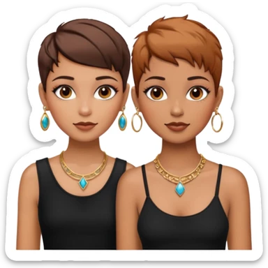 Puerto Rican fair skin straight brown pixie cut hair with hoop earrings make up and my best friend brown  colored pixie cut with jewelry and makeup on her caramel color face besties side-by-side wearing black  sticker