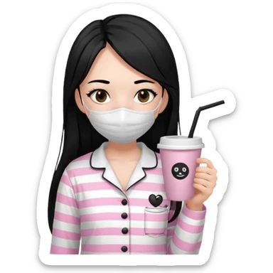 chica de pelo lacio color negro cabellera larga piyama blanca con rayas rosa claras peo no tan claras no oscuras el bordado es negro al igual que los botones )tiene una mascarilla para la carablanca y sostiene y cafe con bolitas nedras al dondo con unsorbete tranparente y es de test blanca  sticker