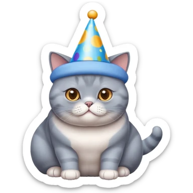 British shorthair blue cat with round face and chubby cheeks wearing a colorful birthday hat sticker