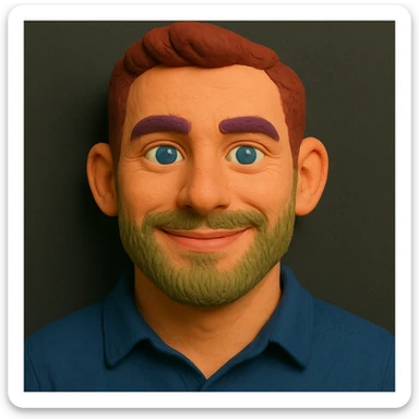 Claymation portrait with a younger face, narrower nose, narrower chin, friendly and confident facial expression, slightly larger forehead, anthracite background, alternative color accents. sticker