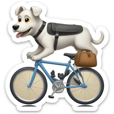 A dog is riding a bicycle and wearing a backpack. sticker