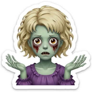 Cabelo ondulado  um pouco cheio e franja curta  Olhos marrons e pequenos e feita d ezumbi mais bonita com cabelo amarro na e com as mãos assim tipo assim🧟‍♀️ sticker