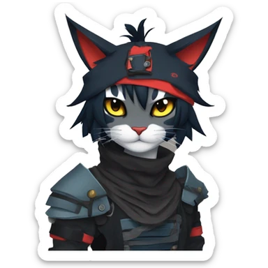 Edgy Shy Anthro Samurai cool pretty dark Litten-Pokémon-cat-fursona-animal techwear bandana sticker