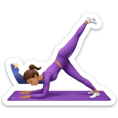 A woman wearing a purple yoga suit doing downward dog pose on a mat, pastel background with floating stars. sticker