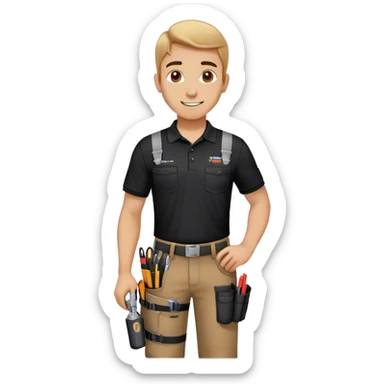 A skilled building technician with a friendly smile. He wears a black polo shirt with a company logo and dark work pants equipped with tool holsters. Holding a diagnostic tool and cables, he appears focused and professional, ready for maintenance or repair tasks. sticker