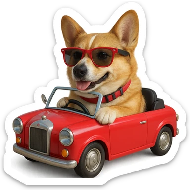 Make this corgi driving a car 30% more realistic, but keep it playful and cute, with a transparent background. Maintain the playful and cute style while enhancing realism moderately. sticker