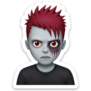 zombie boy with dark red spiky emo hair and black shirt sticker