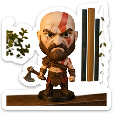 Kratos as a bobblehead with a wobbly head and angry expression sticker