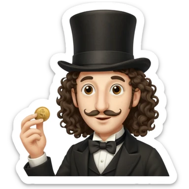Jewish man with a long nose that sticks out a top hat slightly long curly hair and a penny in his hand sticker