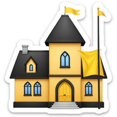 simple magic school, white background, magic school, black roof, with a big flag, big flag on a roof, big yellow flag, white school sticker