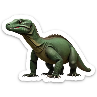cinematic-komodo-dragon-realistic-full-body-standing on all fours-emoji,-massive-scaled-body-poised-with-quiet-power,-rough-textured-skin-dark-green-and-dark brown, black,-head-tilted-dramatically,-long-forked-tongue-flicking-out,-simplified-yet-realistic-focused-features,-highly-detailed,-glowing-with-an-almost-sarcastic-glow

 sticker