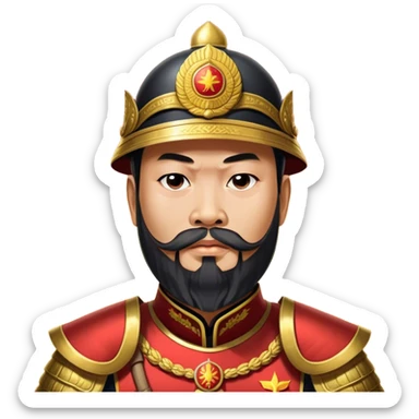 ​Cinematic Realistic Portrait of Trần Hưng Đạo, depicted as a revered Vietnamese general with his characteristic traditional Vietnamese beard and historic armor, his determined gaze illuminated by dramatic historical lighting that evokes his legendary martial spirit and leadership, sticker