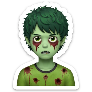 Boy, zombie, green skin, black curly wavy hair with bangs, short , round shaped hair, emo, dark, bored expression sticker