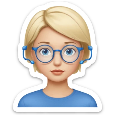 woman with very short side parted blonde haire, blue eyes and blue round glasses sticker