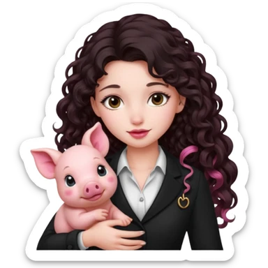 Ragazza bellissima sexy vestita bene capelli lunghi scuri con un piccolo maialino sticker
