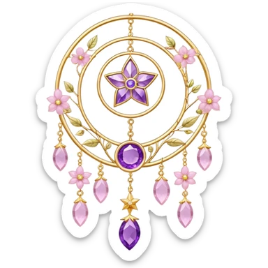 Epic beautiful gorgeous cute gold suncatcher, threads with shiny sparkly amethyst and rose-quartz gemstones, flowers, moons, stars, leaves sticker
