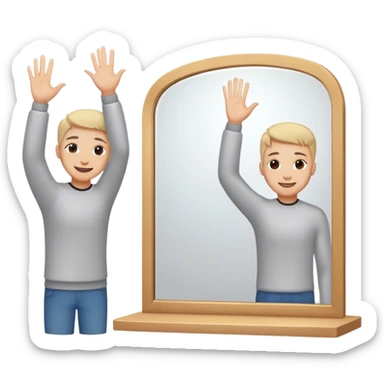 A person standing in front of a mirror, smiling slightly as they raise their hand for a self high-five. Their reflection looks back, showing a small but noticeable shift—from hesitation to self-acceptance. sticker
