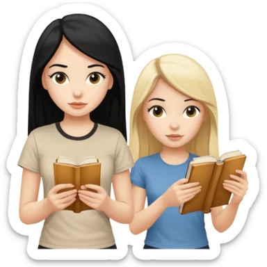 beautiful white girl with black hair in beige t-shirt and beautiful blonde with long hair in beige t-shirt reading beautiful vintage book sticker