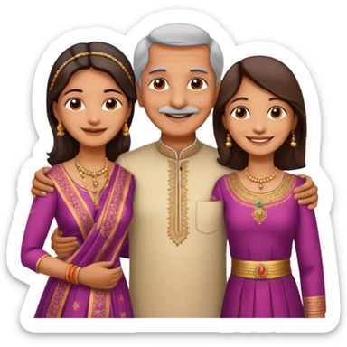 Indian family with a 70 years old father and mother and a 40 years old daughter. They wear a traditional dress. They are smiling. sticker