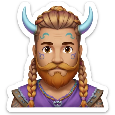 big lose braids starting from the top sides of the head hair like a unicorn man with mustache face wiith big visible loose only two braids and lots and lots of colored face tattoos colored tattoos like a tattoo artist hair unique color and beard viking  sticker