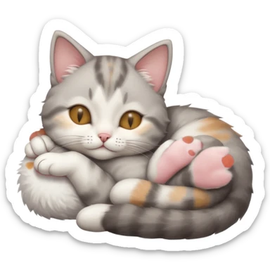 grey and white small cat with eyes closed lying down upside down with its head resting own paw sticker