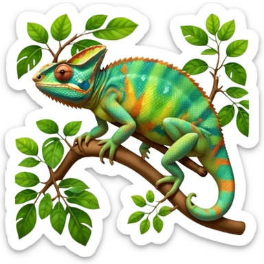 Giant chameleon on a branch, blending with vibrant greenery. Detailed scales in shifting colors, showing the chameleon’s ability to camouflage. Soft natural light highlights its texture. Nature background with leafs aтв адщцукы. Lush jungle background with vivid foliage, transparent background. sticker