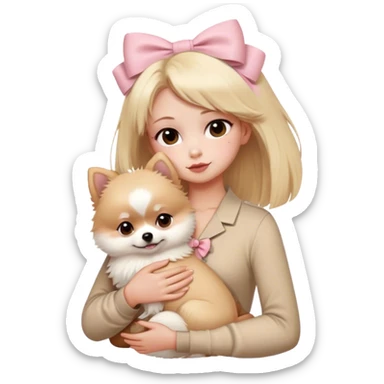 Blond girl with old money beige outfit white brown eye skin with boy brown hair brown eyes hugging white Pomeranian with light pink bow ponerania another pomerania red brown sticker