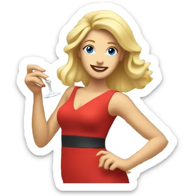 blonde white woman with blue eyes dancing in short red dress while holding pineapple cocktail sticker
