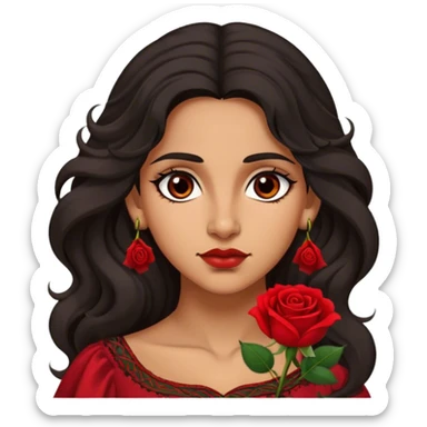 A Romani woman with long, wavy dark hair and a single red rose behind one ear. She has deep eyes and a confident, mysterious expression sticker