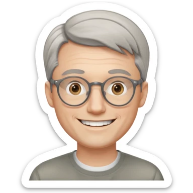 30 yr old pale white man, grey side swept hair, round glasses, big smile, white teeth, handsome, longer hair, thin glasses, no wrinkles sticker