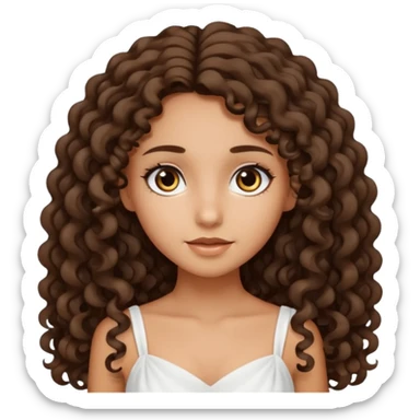 Light tanned skin girl with dark brown very long curly hair, dark eyes, white dress sticker