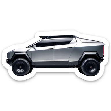 Tesla Cybertruck - A futuristic Tesla Cybertruck, angular and geometric with a sharp, triangular body shape. Stainless steel exoskeleton with a raw, unpainted, brushed-metal finish. A sleek, narrow LED light bar stretches across the entire front. Large, rugged off-road tires with exposed wheel arches. Smooth, handle-free doors and a slanted, armored rear with a retractable tonneau cover. Rear LED strip mirroring the front. The vehicle looks like a sci-fi-inspired, bulletproof stealth tank on wheels, set in a high-tech urban environment at sunset, with reflections on its metallic surface. sticker