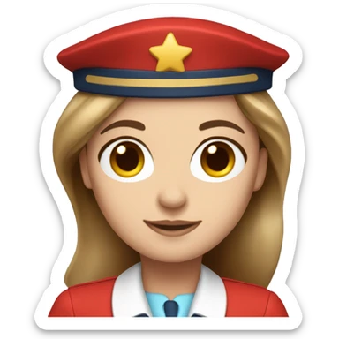 A white stewardess with long brown hair and brown eyes in a red uniform and a red beret sticker