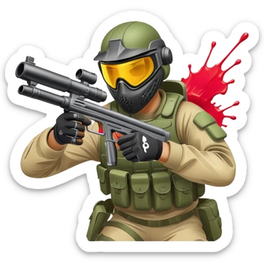 A paintball player in full gear, aiming a paintball gun with focus and determination. The scene includes vibrant splashes of paint and a dynamic battlefield setting, emphasizing action, strategy, and teamwork in a competitive environment sticker