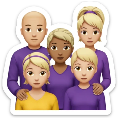 5 person team; 2 men and 3 women.  All dressed in yellow or purple.  1 caucasian woman with blonde mid length hair. 1 caucasian woman with blonde short length hair. 1 caucasian woman has ash blonde hair tied up. 1 man is African-american and bald, 1 man is caucasian and very little hair left.  
 sticker
