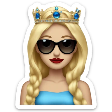girl long blonde hair blue eyes and red lipstick wearing a crown and black sunglasses that cover her eyes sticker