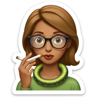 can you create a sneaky bitch SNAKE with big glasses smoking a cigarrette - with light brown hair, green snake, with hands on her chin as if she's innocent but with a bitchy look in her eyes and cigarrette in the mouth sticker
