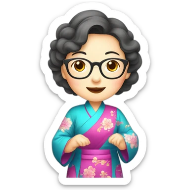 Chinese seniors lady wear glasses has wavy long hair wear Chinese traditional dress show appreciation sign sticker