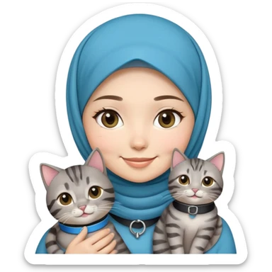 Asian White girl wearing cute hijab holding a black grey tabby cat while smiling. The cat is wearing a blue collar sticker