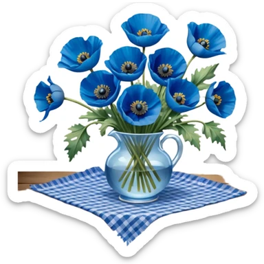 A lush bouquet of bright and bold blue poppies with a warm color ribbon, resting on an antique wooden table, with a pale blue plaid pattern table cloth, still life. 4k, dpi 300 sticker