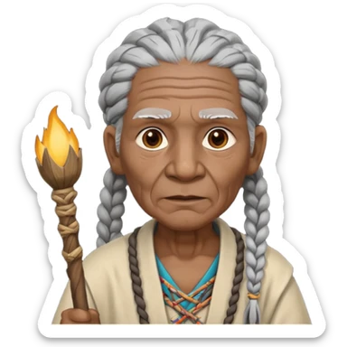 An elderly tribal leader with gray braids, wooden staff, and warm wise eyes.
 sticker