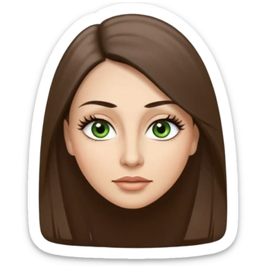 40 year old Adult woman avatar, light skin tone, long, oval face, long straight ashy brown hair, green almond-shaped eyes with dramatic eyelashes and minimal eyeliner, neutral mouth, medium straight eyebrows, small nose, smooth skin sticker