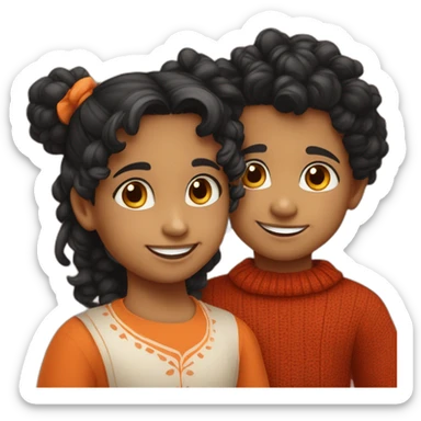 smiling 3 years old indian girl with black curly hair in pigtails wearing a orange dress with a smiling 3 years old indian boy with black hair wearing a dark red sweater sticker