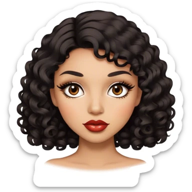 Glamourous, light brown skin tone, very beautiful woman, with big plump lips, long long lashes, black curly smooth short hair, brown eyes sticker