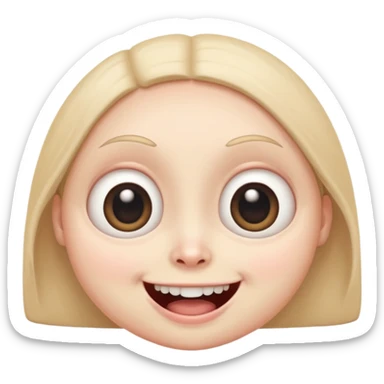 a creepy face with huge eyes and a big grin, kawaii, cute, soft, huge eyes, round mouth, mama sticker