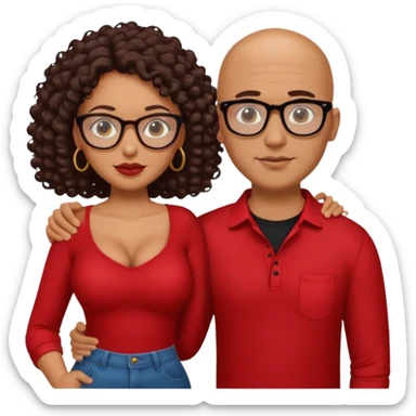 A picture of a sexy tanned couple. the guy is Mexican, with a bald hair cut and a red shirt. the girl is mixed, she has curly longer dark brown hair, the girl has glasses only, and with big boobs and black shirt  sticker